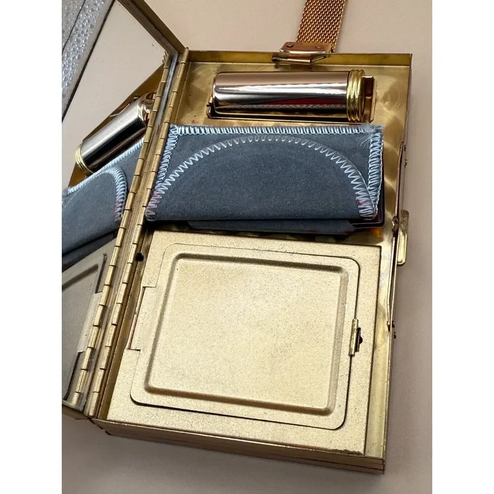 VTG 1950s Compact Purse Mirror Lipstick Money Case Mesh Wrist Strap Cigarette